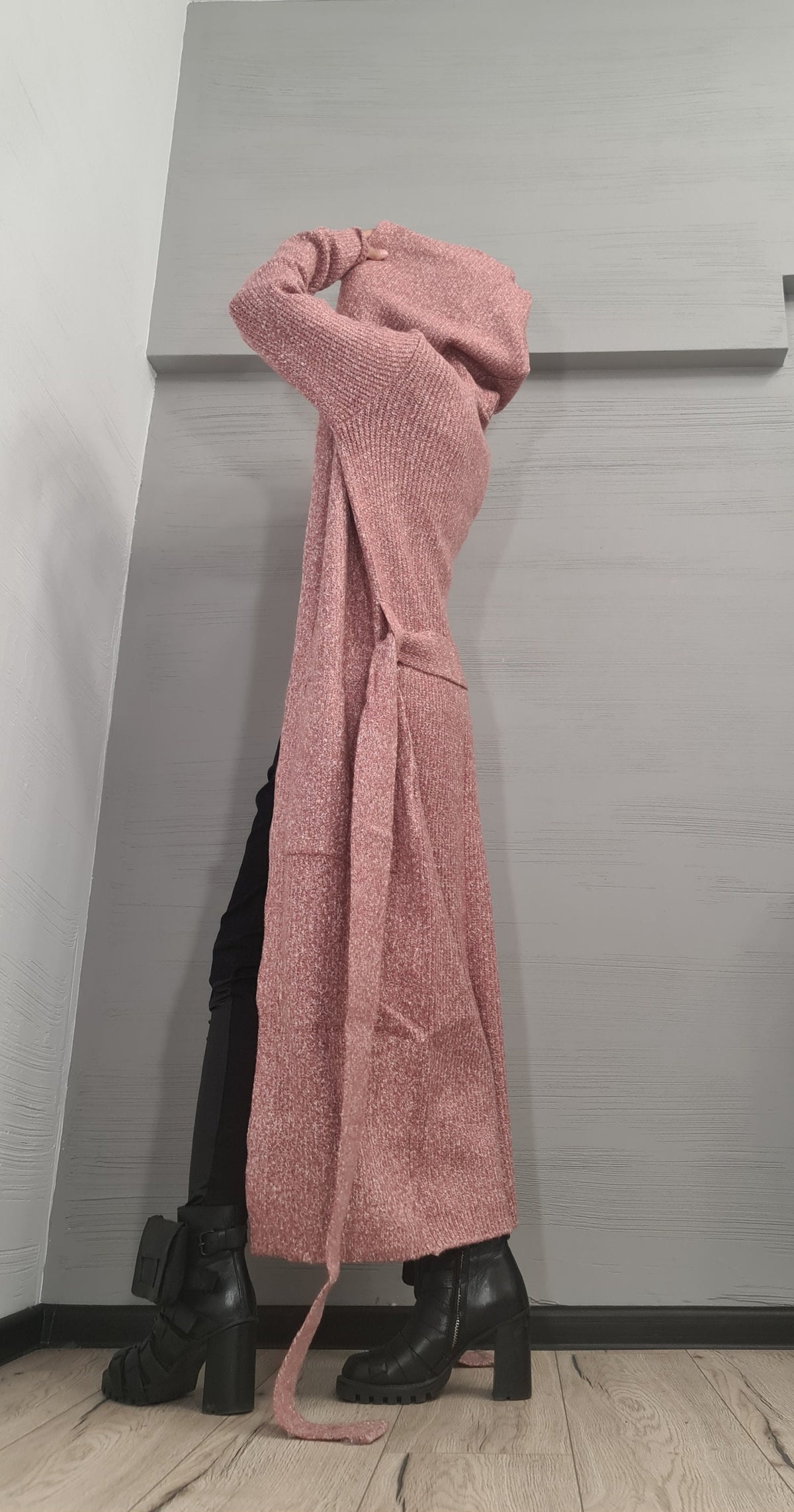 Dusty Rose Mohair Hooded Maxi Cardigan, Oversized Knit Sweater, Long Coat