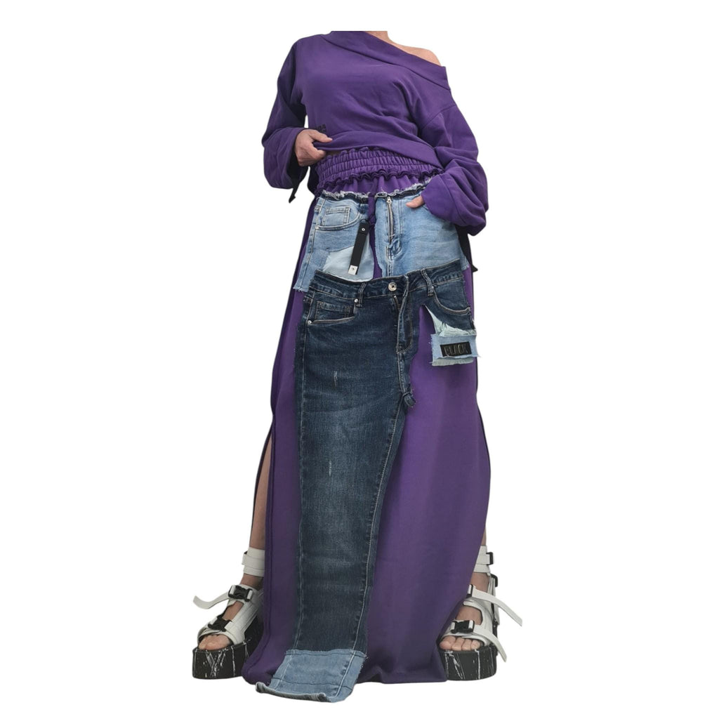 Cotton Denim Blouse Skirt Set, Extravagant Women Costume, Patchwork Design