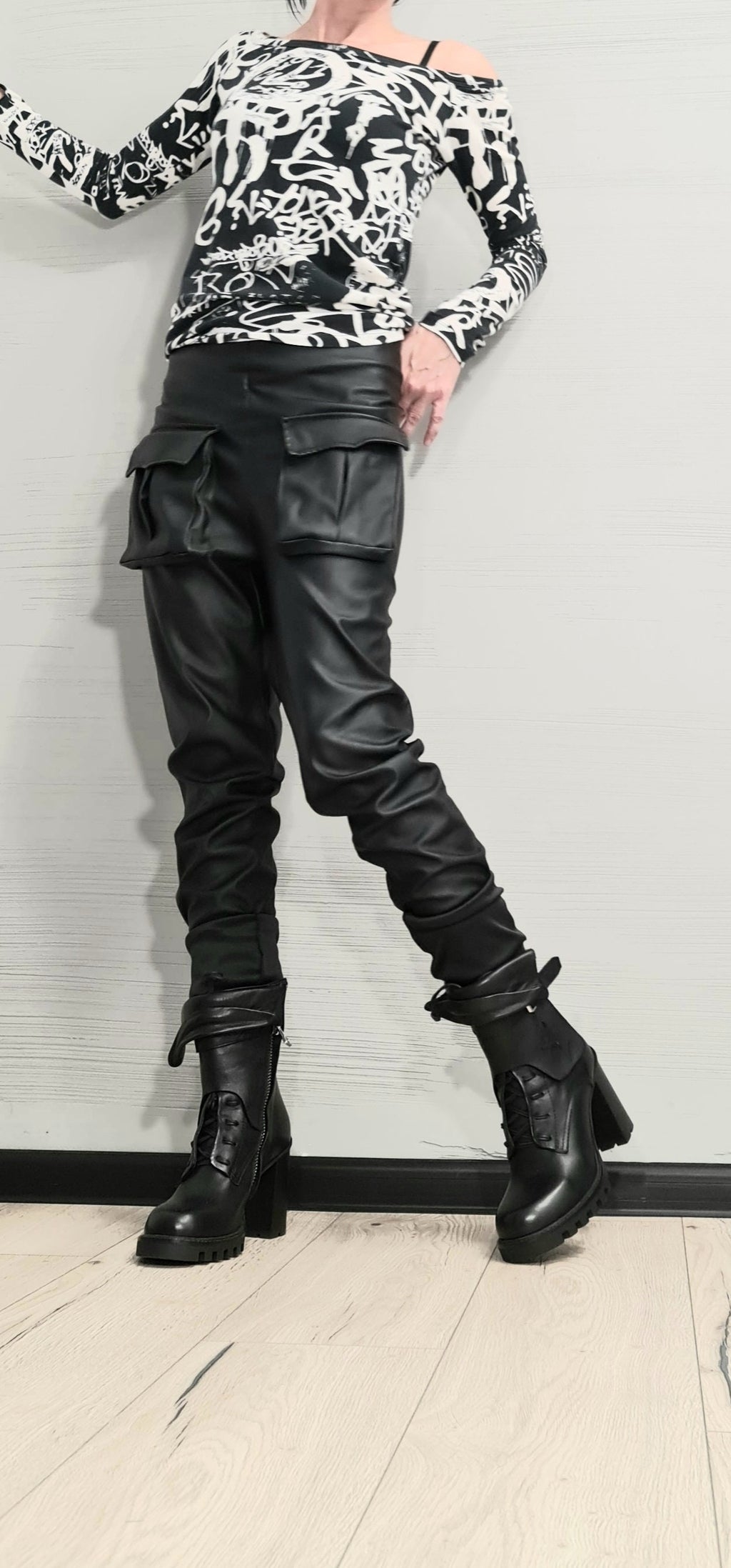 Black Eco Leather Cargo Pants, High Waist Gothic Trousers, Slim Leg