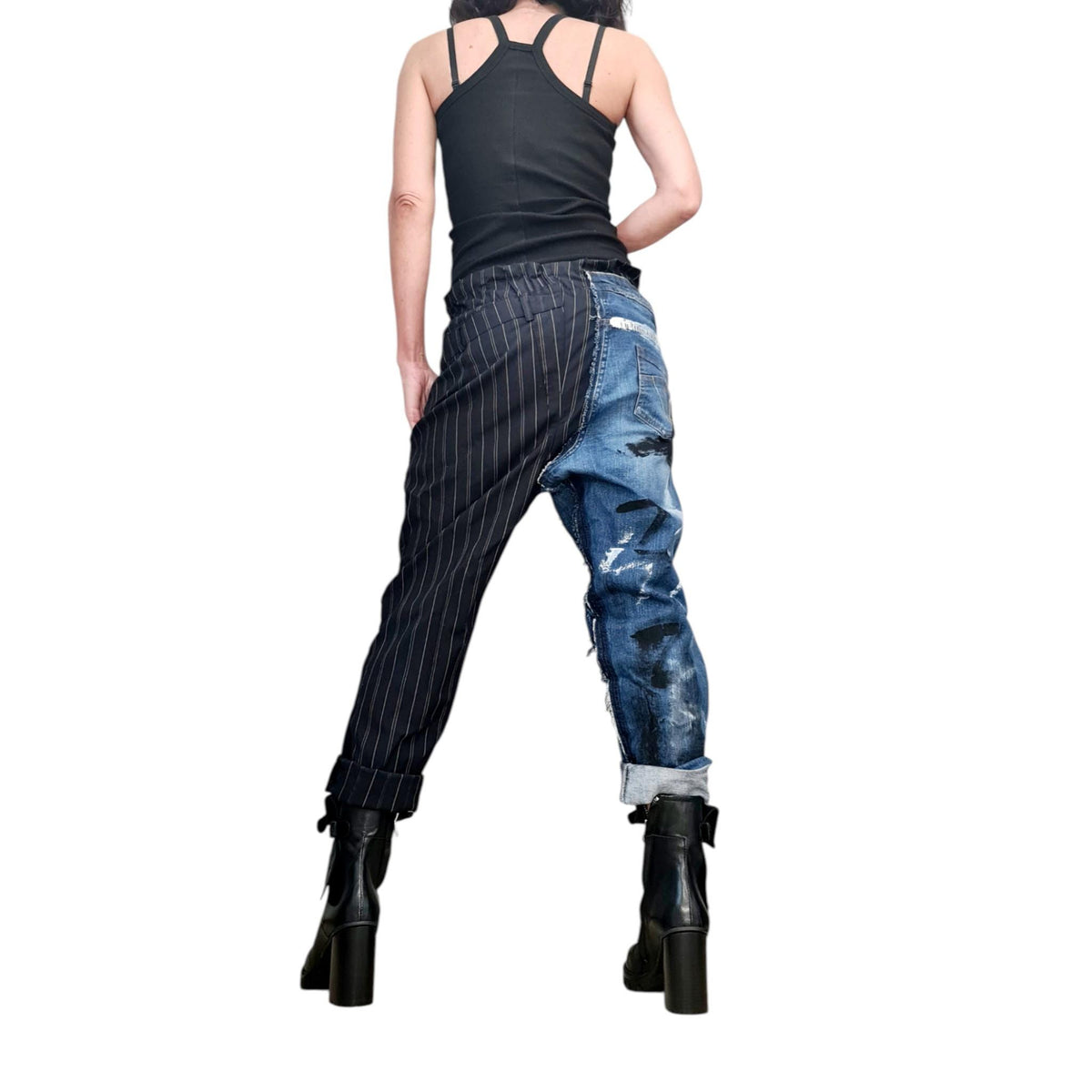 Asymmetric Patchwork Denim Pants, Mixed Fabric Trousers, Paint Splatter