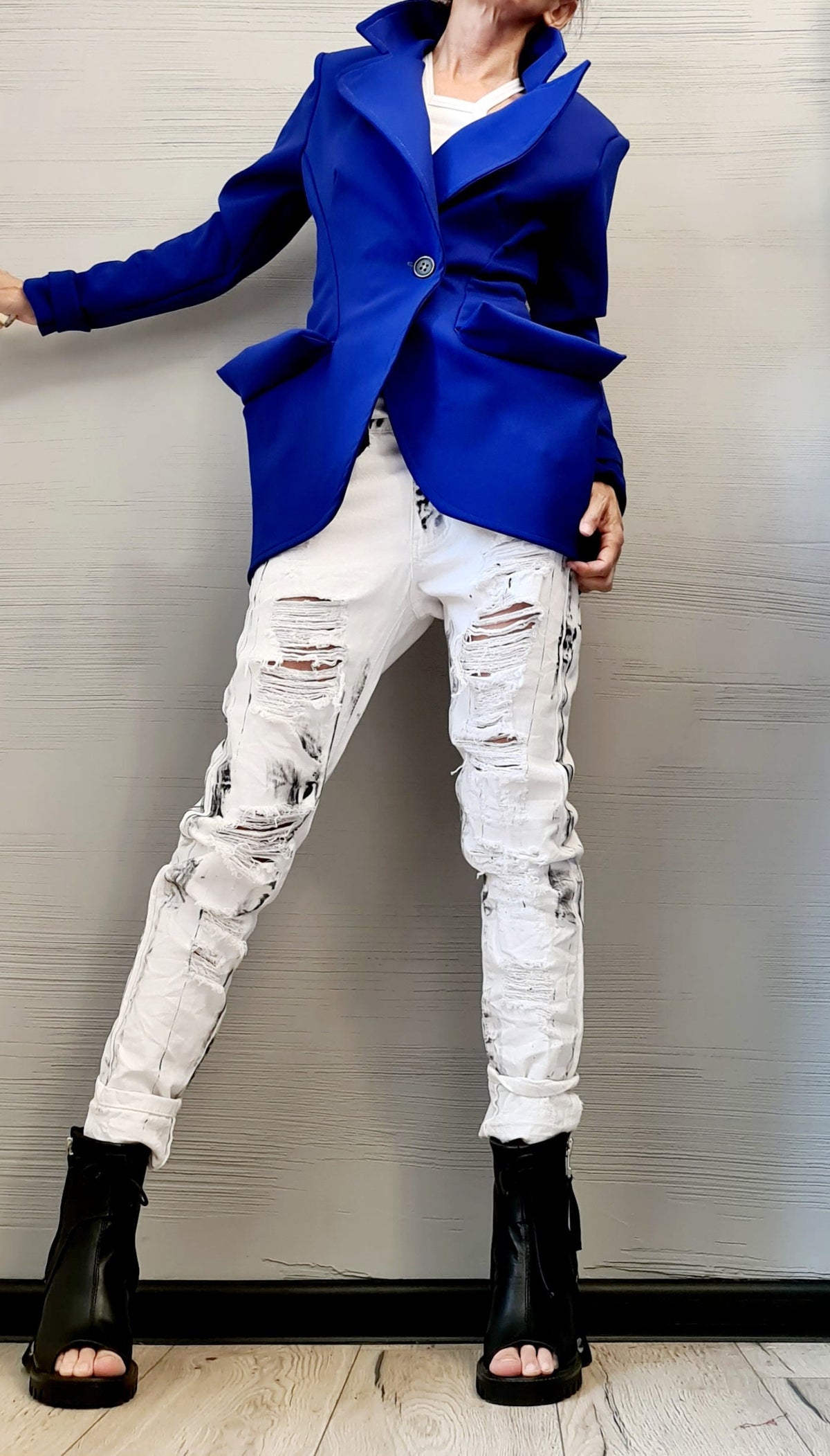 Blue Neoprene Blazer, Asymmetric Fitted Jacket with Oversized Pockets, Plus Size Coat