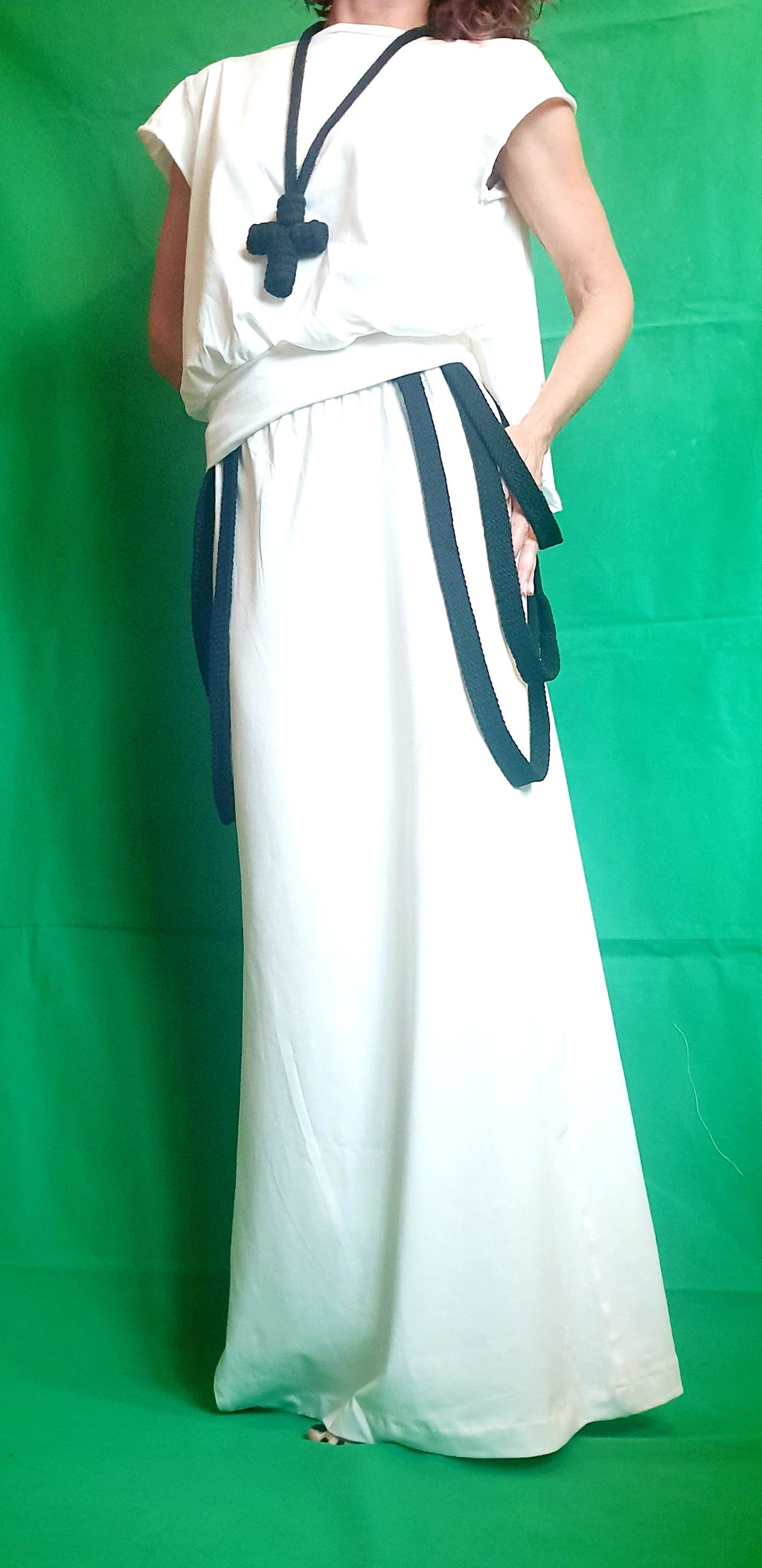 White Black Asymmetrical Open Back Blouse, High Waist Maxi Skirt, Two Piece Co-Ord Set
