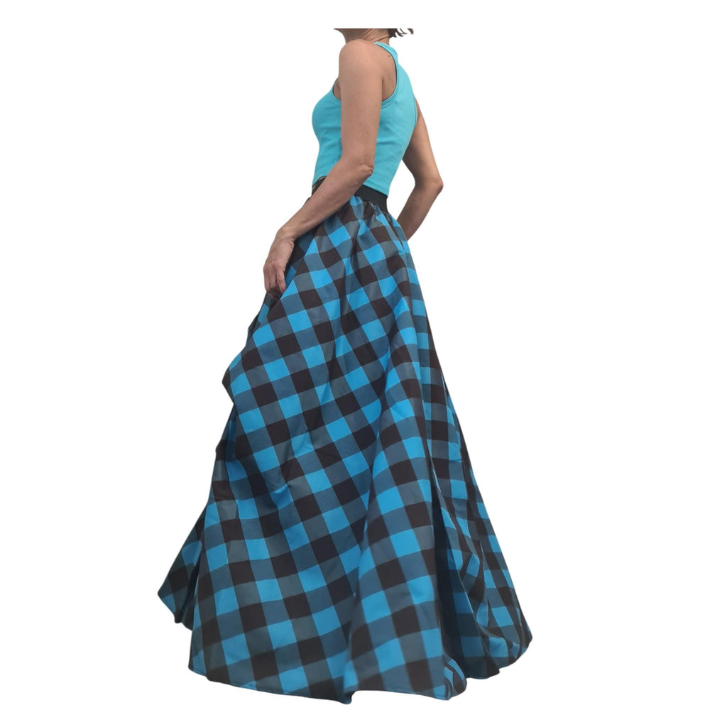 Tulle Asymmetric Skirt, Turquoise Blue Brown Plaid Ball, Long Short Skirt
