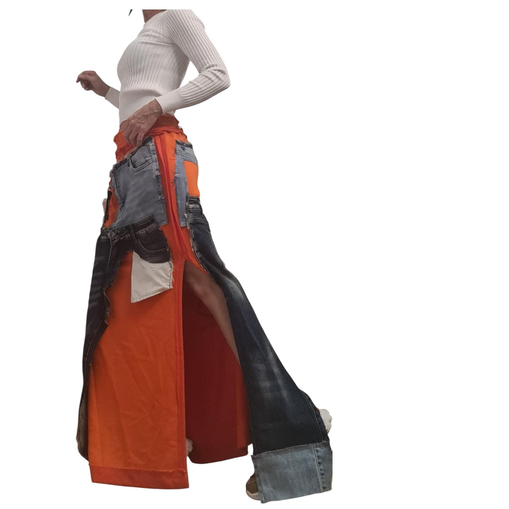Orange Extravagant Long Skirt, Cotton Denim, Deconstructed Avant Garde Skirt Outside Seam