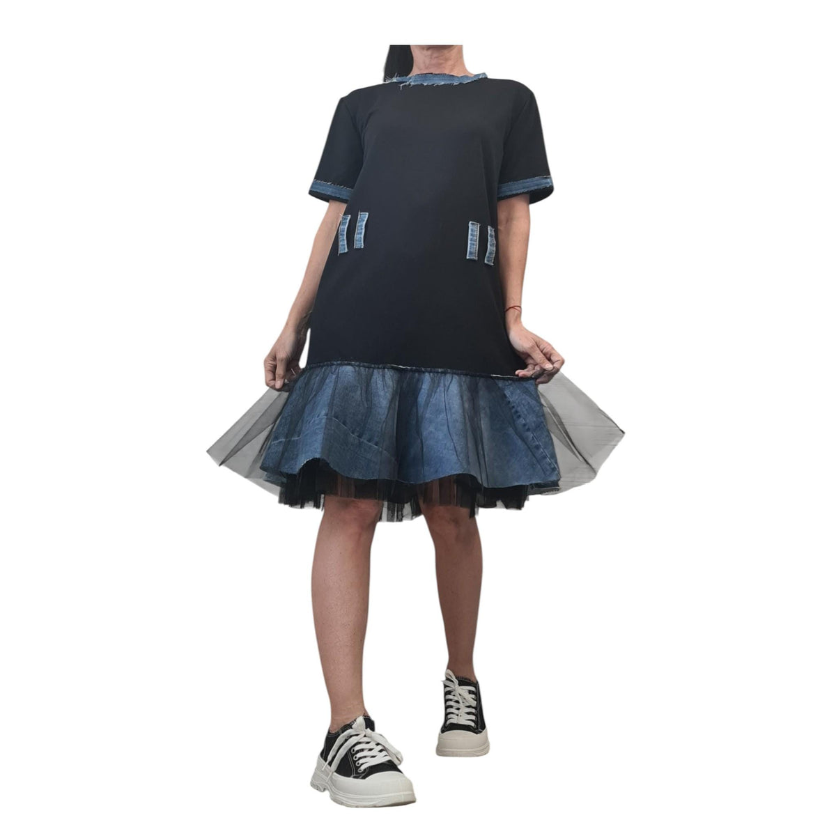 Black Cotton Tunic, Asymmetric Denim Tulle Dress, Plus Size Dress