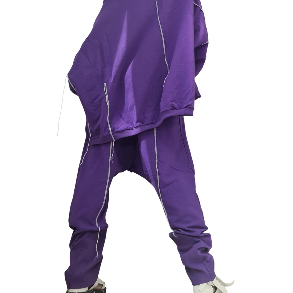 Purple Cotton Co-Ord Set, Harem Pants, Asymmetrical Blouse, Raw Edges, Contrast Seams