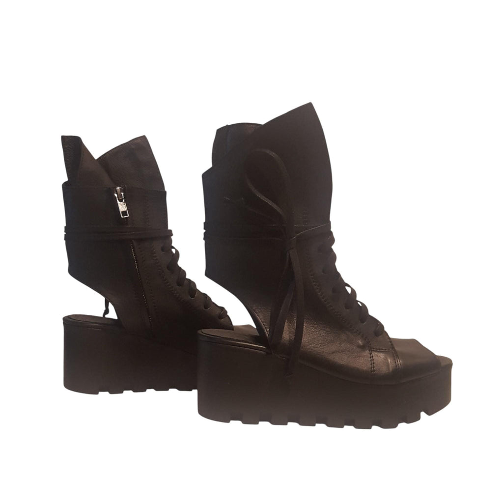 Black Asymmetrical Sandal, Platform Gothic Shoes, Open Toe Summer Combat Boots