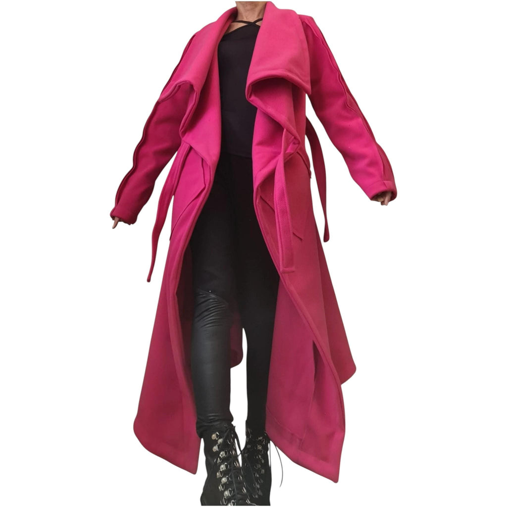Hot Pink Asymmetric Wrap Coat, Plus Size Long Jacket, Short Back and Tie Belts