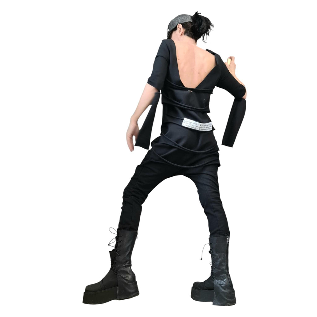Black Cotton Drop Crotch Jumpsuit, Extravagant Open Back, Slim Fit Gothic Style