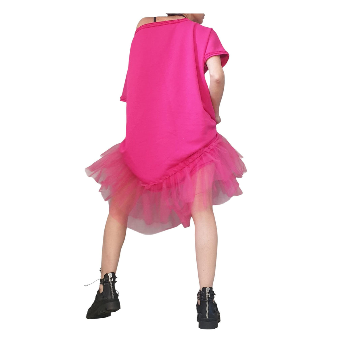 Fuchsia Asymmetrical Tulle Tunic, Cotton Avant Garde Dress, Loose Fit Plus Size Women