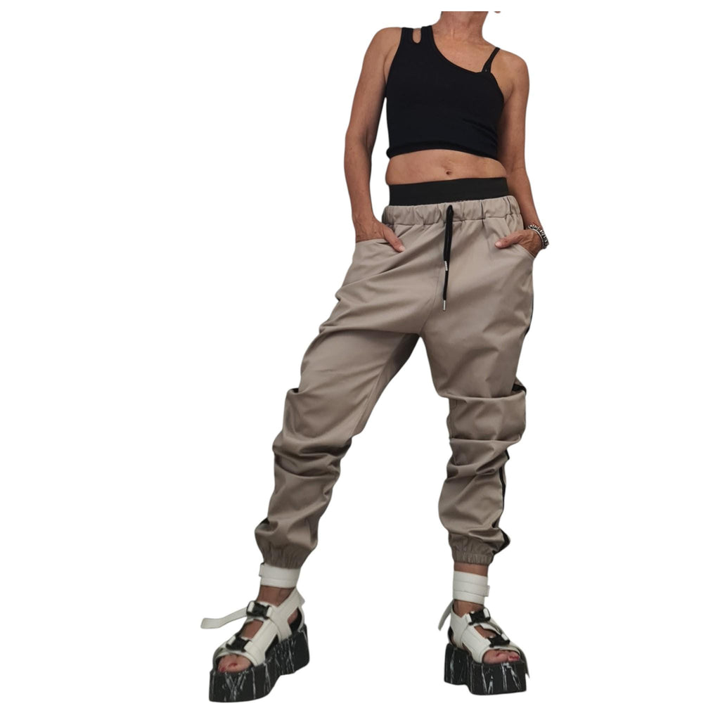Beige Cargo Jogger Pants, Drop Crotch Trousers, Black Side Stripes, Elastic Waist, Multiple Pockets