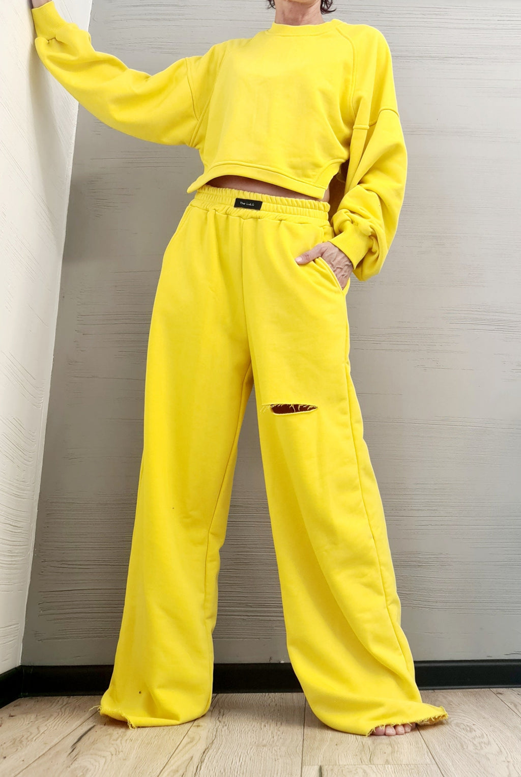 Yellow Cotton Wide-Leg Pants, Cropped Oversized Sweatshirt, Knee Cutout, Raw Hems, Two-Piece Co-Ord Set