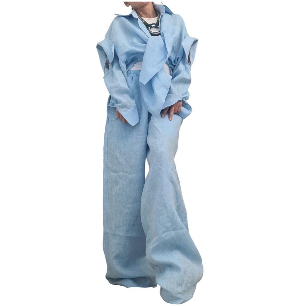 Linen Set Women, Baby Blue Wide Leg Pants, Asymmetric Shirt, Loose Summer Outfit