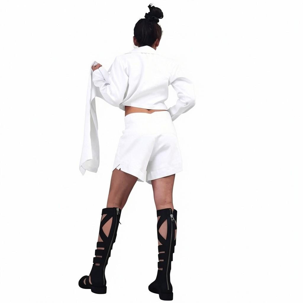 White Linen Set, Bridal Outfit, Asymmetrical Shirt, Beach Wedding Look, Harem Shorts