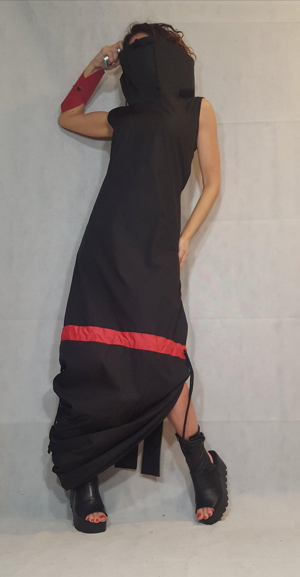 Black Long Asymmetrical Dress, Open Back, Plus Size Clothing