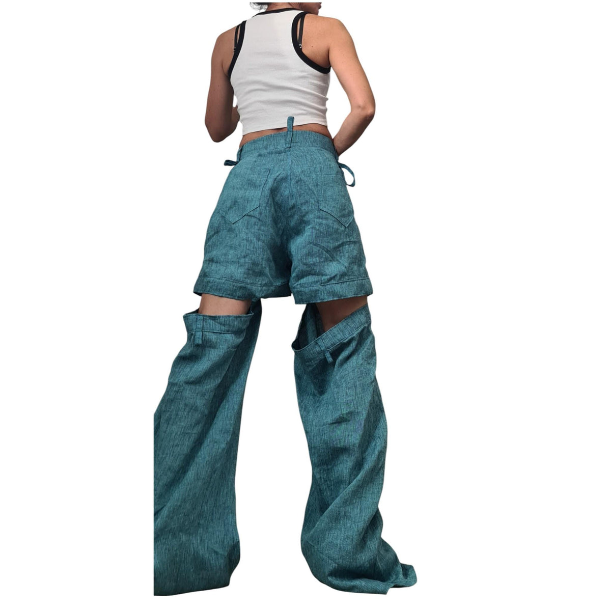 Turquoise Linen Pants for Women, Boho Drop Crotch Trousers, Layered Summer Bottoms