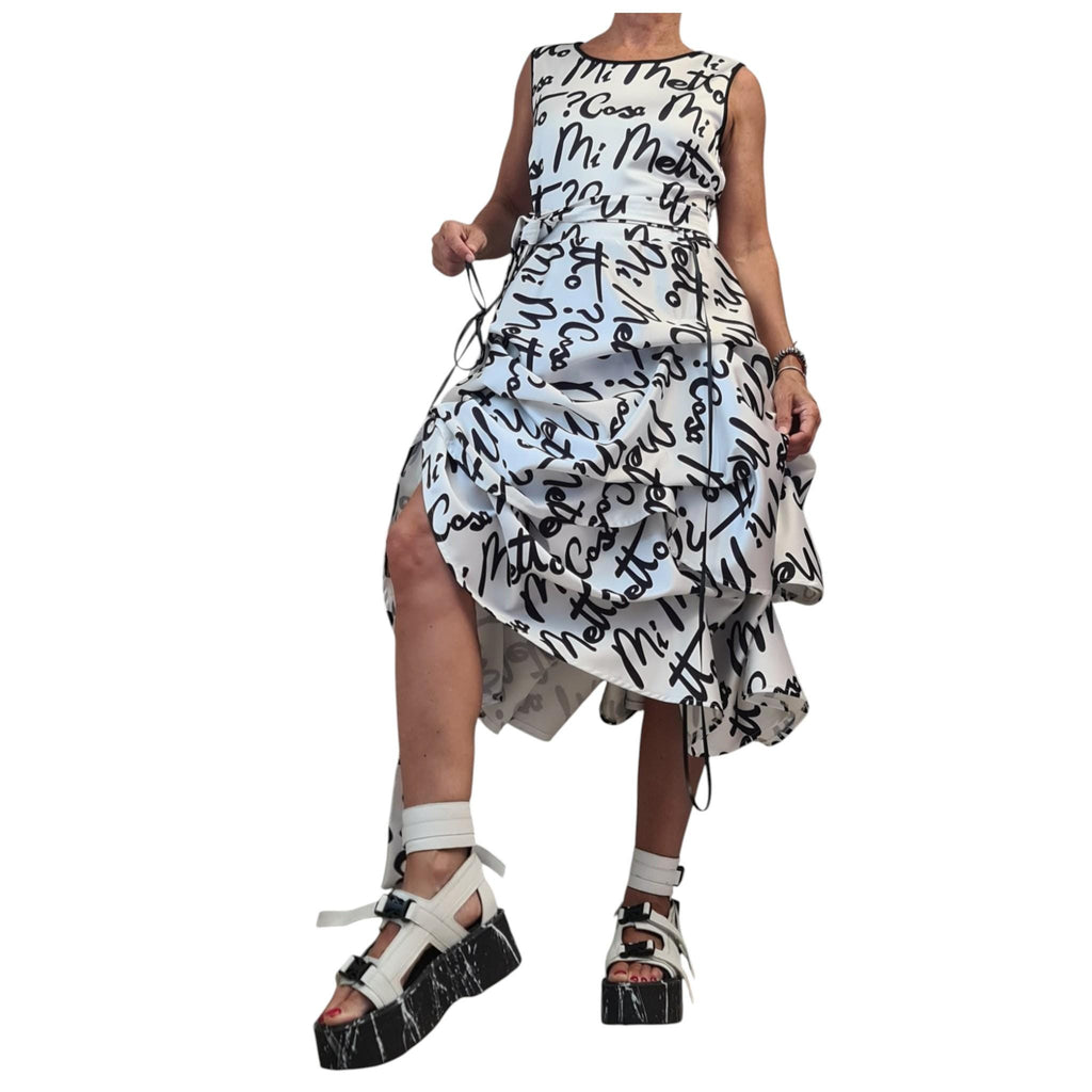 White Cotton Satin Midi Dress, Adjustable Hem, Black Print Party Wedding Guest Dress