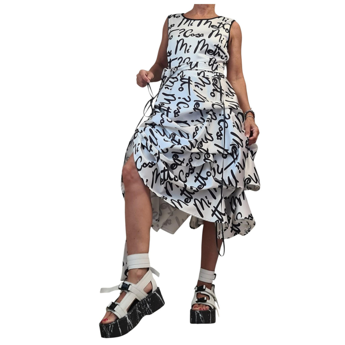 White Cotton Satin Midi Dress, Adjustable Hem, Black Print Party Wedding Guest Dress