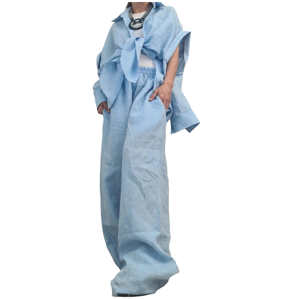Linen Set Women, Baby Blue Wide Leg Pants, Asymmetric Shirt, Loose Summer Outfit
