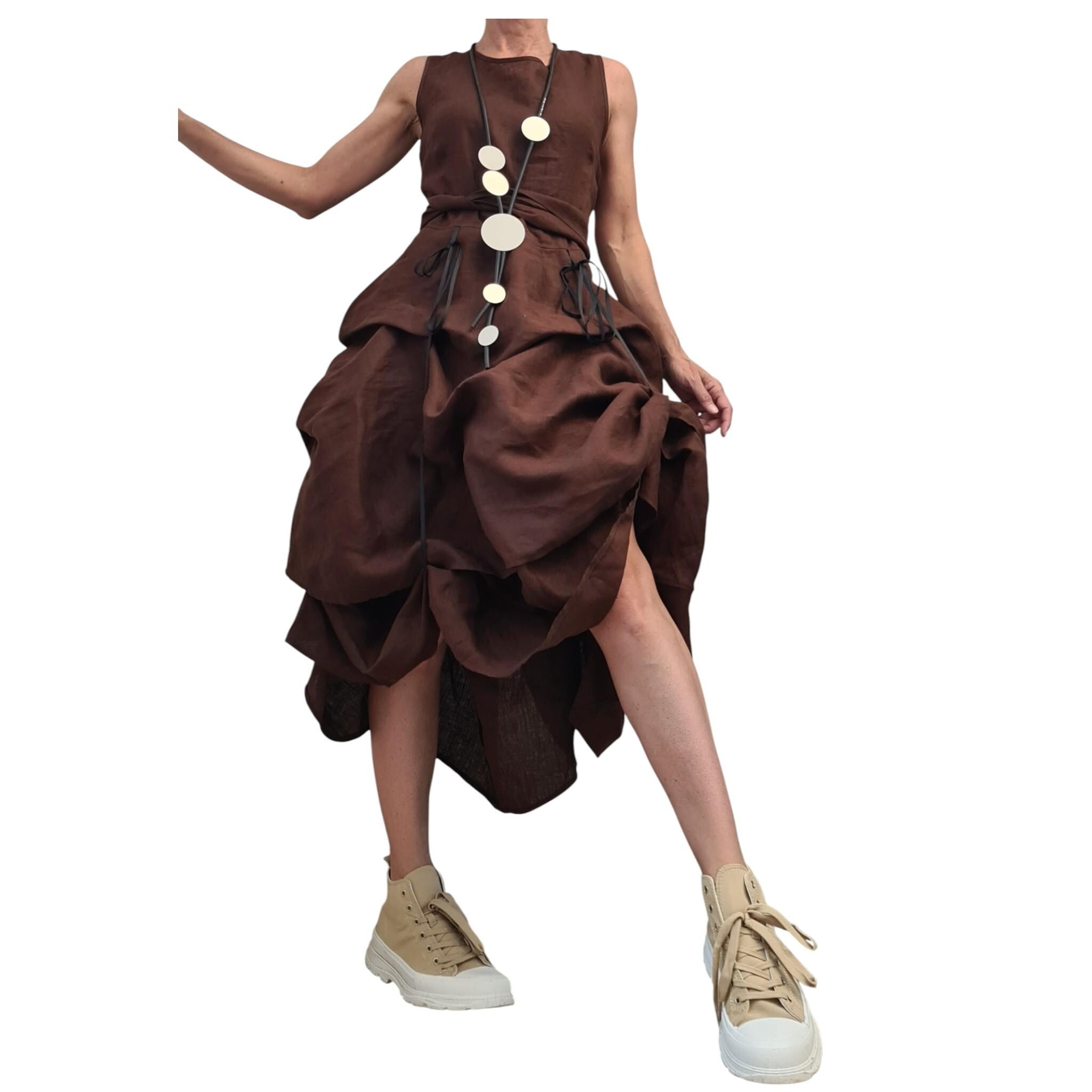 Brown Linen Sleeveless Dress for Women, Asymmetric Midi Shape, Adjustable Summer Linen Outfit