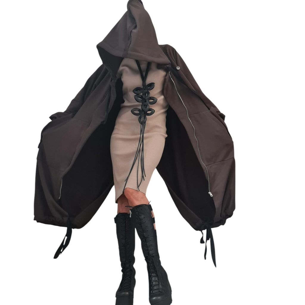 Brown Oversized Hooded Sweatshirt, French Terry Jacket with Overlapping Open Back
