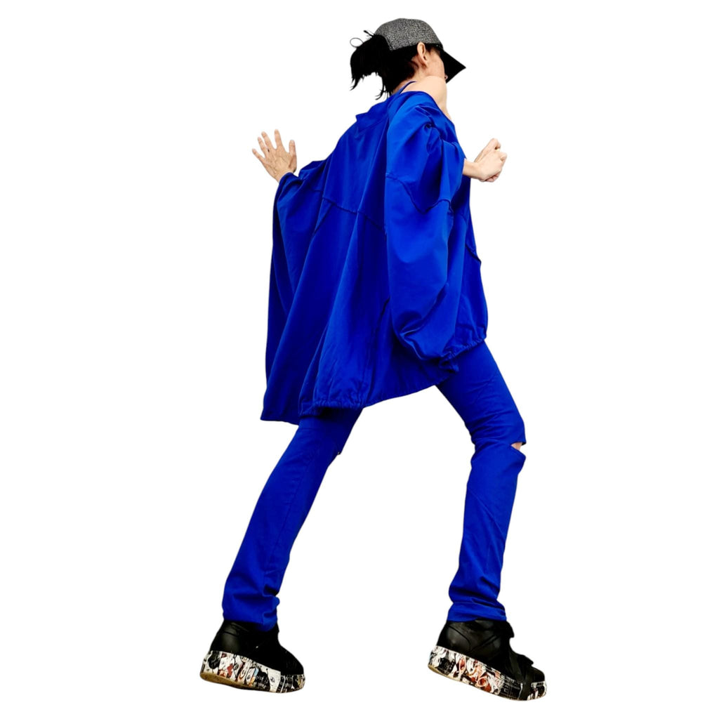 Royal Blue Cotton Leggings, Cutout Knees, Oversized Asymmetrical Draped Batwing Tunic, Two-Piece Co-Ord Set
