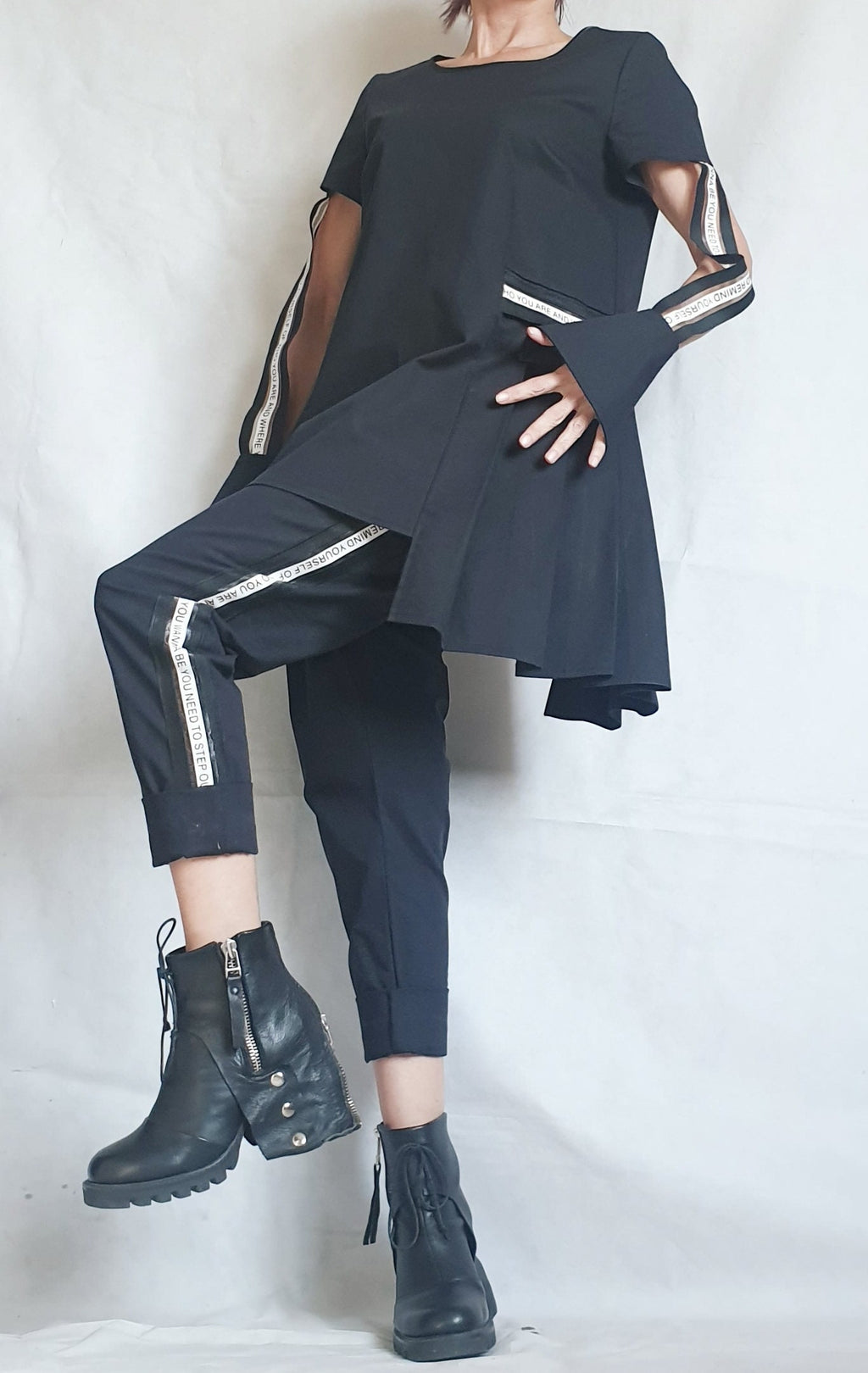 Black Drop Crotch Pants, Asymmetrical Peplum Tunic with Detachable Sleeves, Co-Ord Set