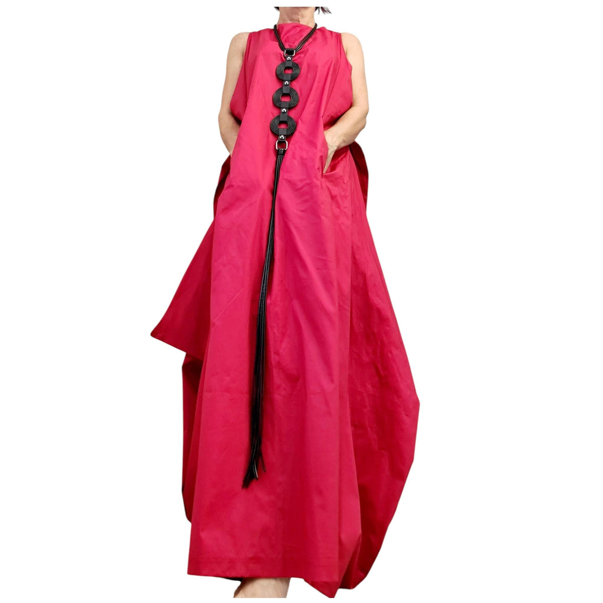 Red Backless Maxi Dress, Sleeveless Evening Wide Silhouette, Adjustable Design, Plus Size