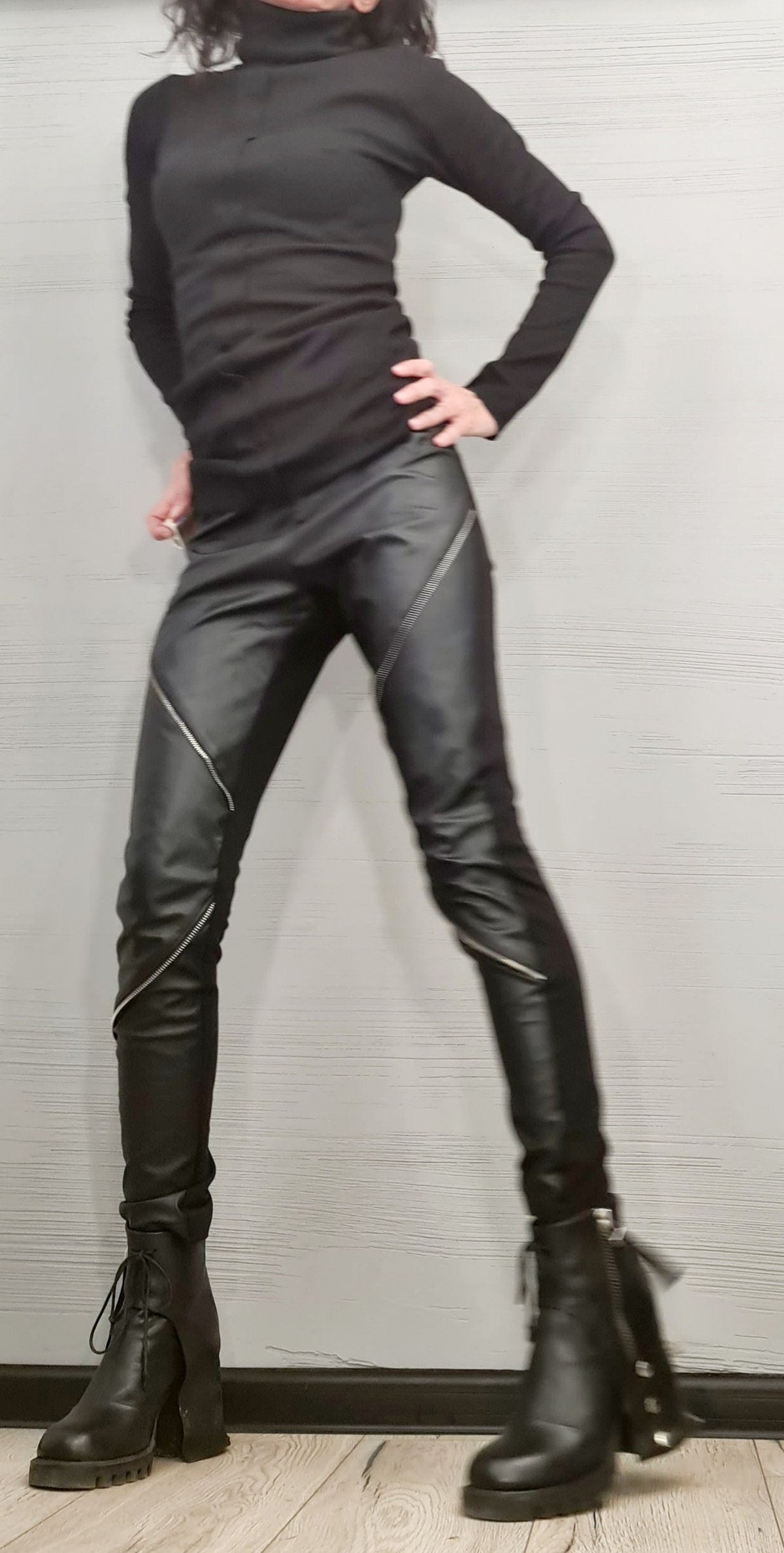 Black Eco Leather Leggings, Zip Detail Pants, Gothic Style