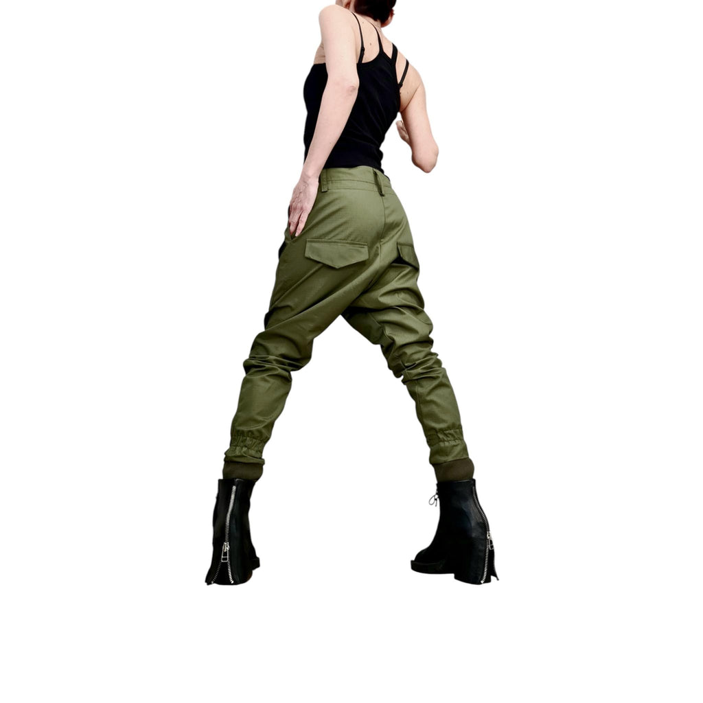 Military Green Cargo Pants, Drop Crotch Cotton Trousers, Slim Leg