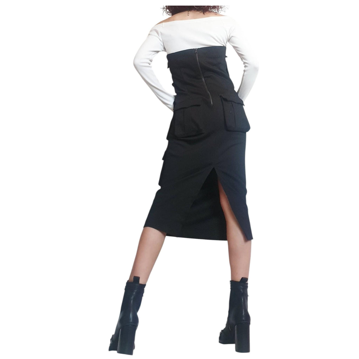 Black Denim Pocket Dress, Gothic Asymmetric Cocktail Fit, Extravagant Design
