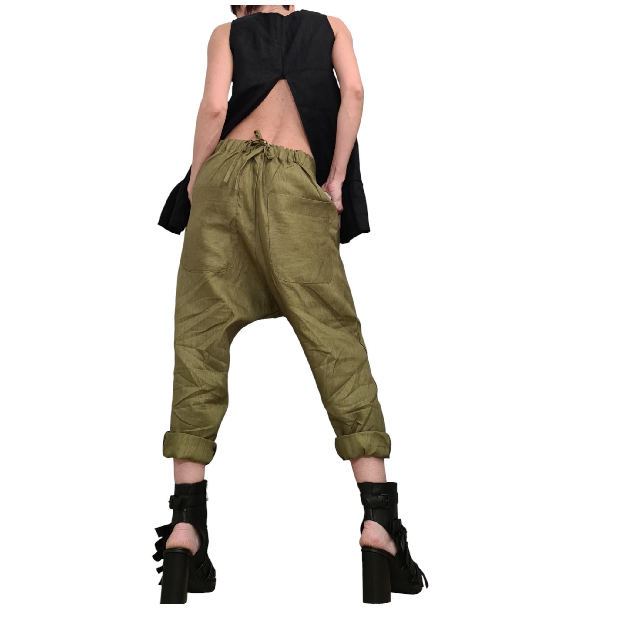 Military Green Linen Harem Pants, Wide Drop Crotch Trousers, Loose Summer Pants