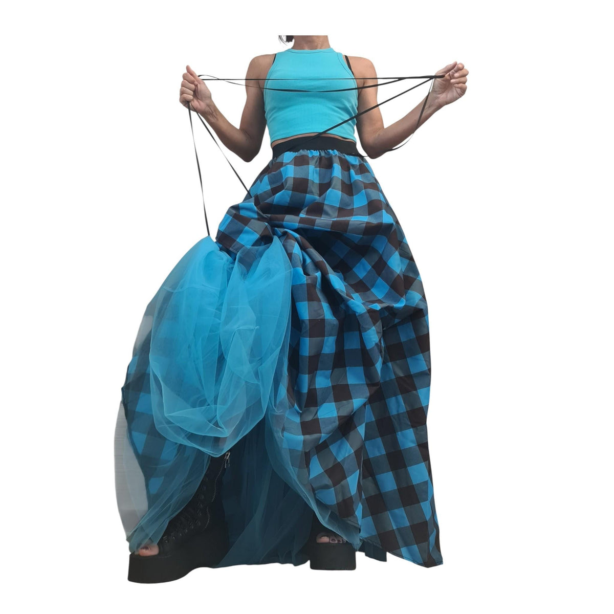 Tulle Asymmetric Skirt, Turquoise Blue Brown Plaid Ball, Long Short Skirt