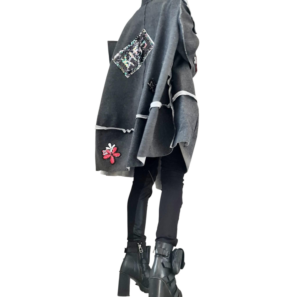 Grey Oversized Coat, Wide Trapeze Knee Jacket, Deconstructed Sleeves, Plus Size