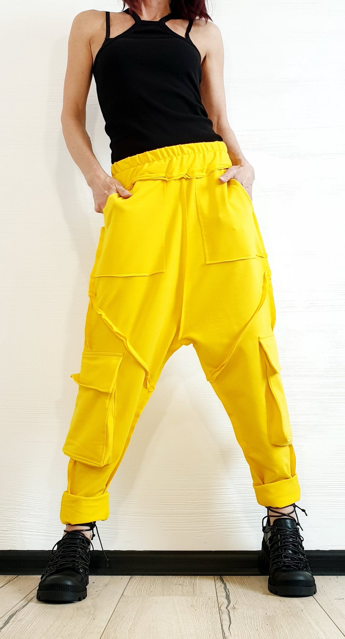 Yellow French Terry Harem Pants, Women's Baggy Trousers, Boho Festival Style