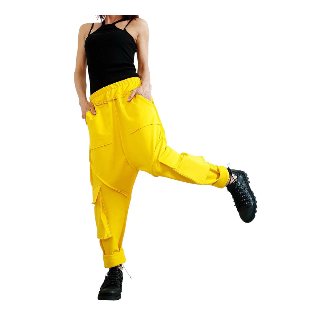 Yellow French Terry Harem Pants, Women's Baggy Trousers, Boho Festival Style