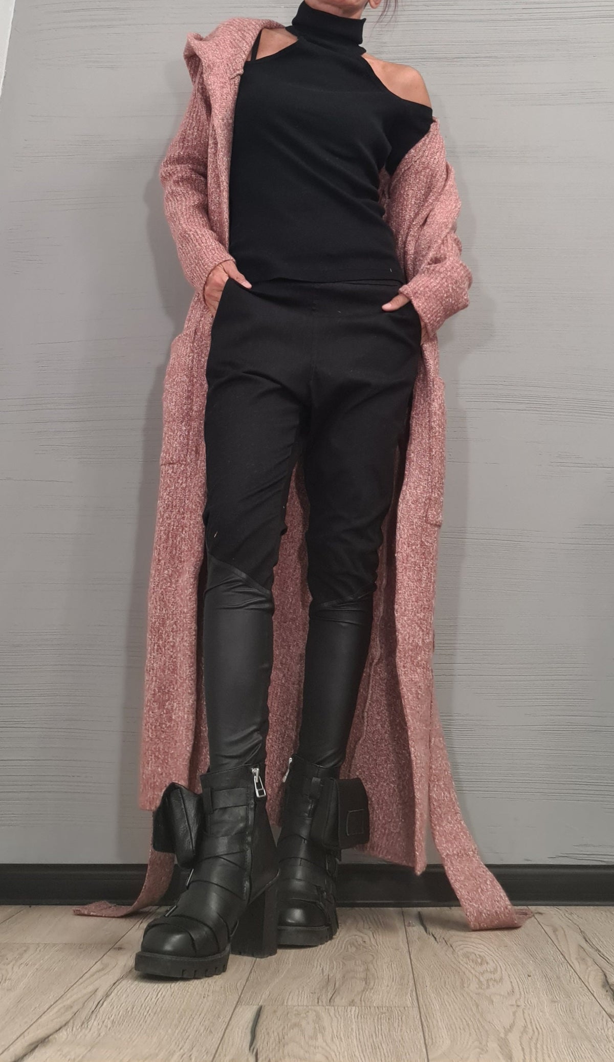 Dusty Rose Mohair Hooded Maxi Cardigan, Oversized Knit Sweater, Long Coat