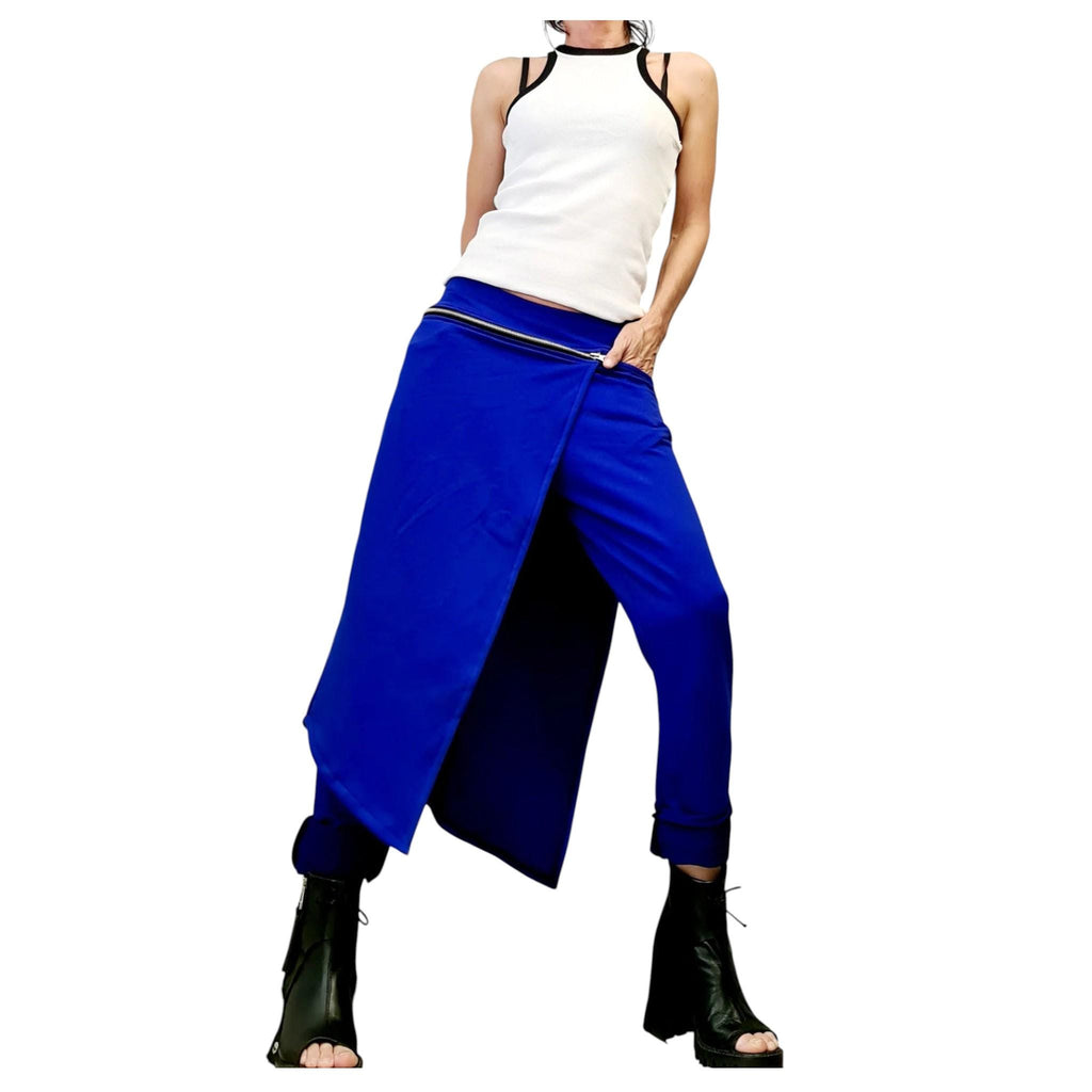 Military Green Asymmetric Pants, French Terry Trousers, Wrap Skirt Overlay