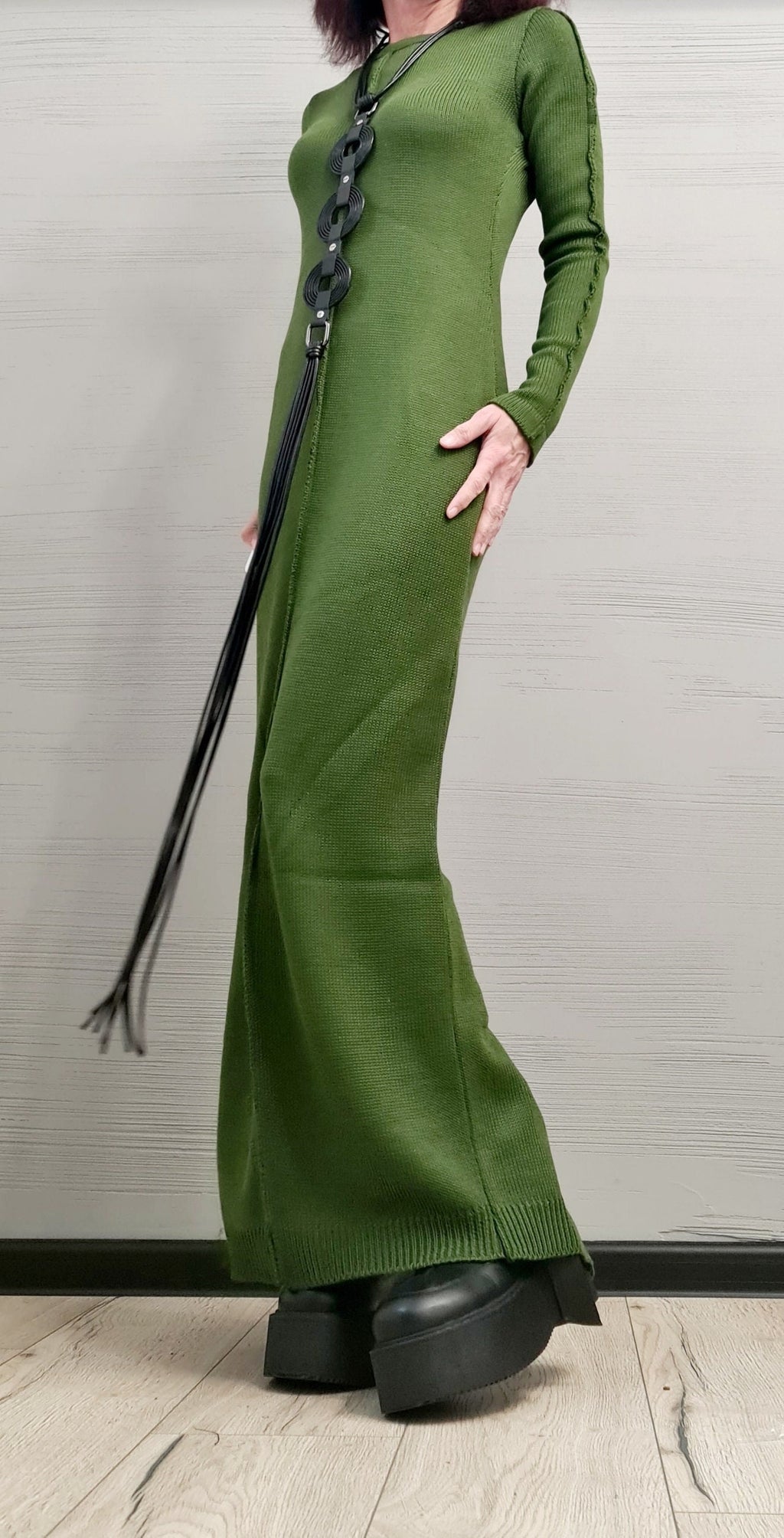 Military Green Asymmetric Maxi Knit Dress, Long Sleeves, Plus Size Sweater