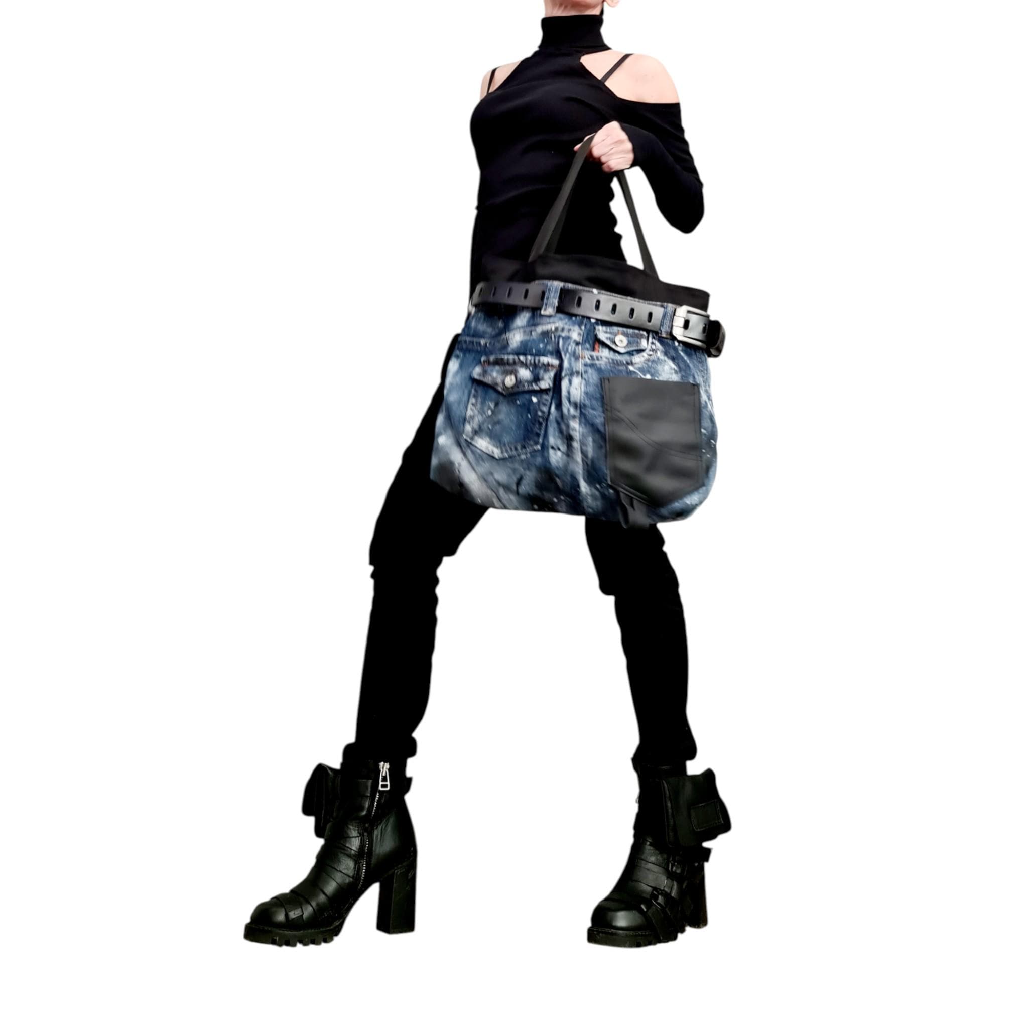 Hand-Painted Denim Tote Bag | Avant Garde Asymmetrical Designer Shoulder Bag