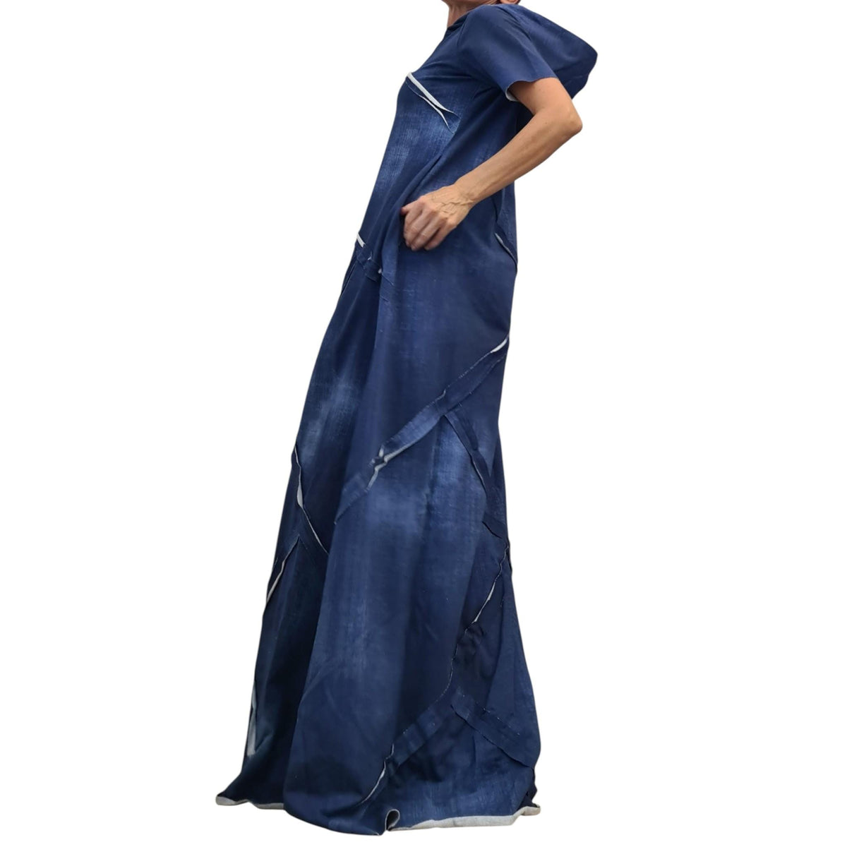 Hooded Long Cotton Dress, Loose Avant Garde Dress for Women, Printed Denim Effect