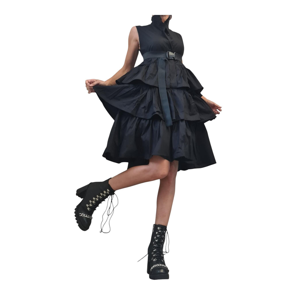 Black Gothic Midi Cotton Tunic, Flounce Party Dress Women