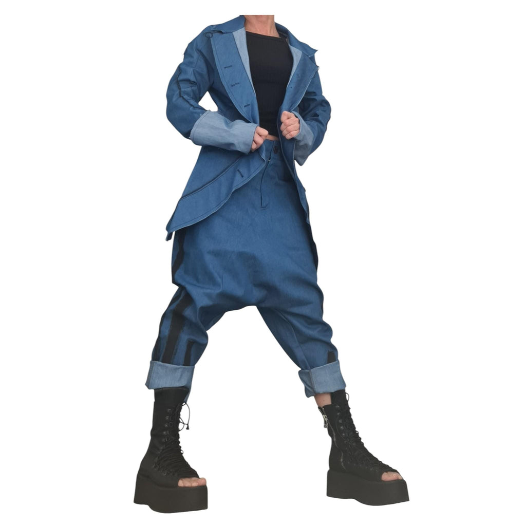 Denim Jacket Pants Set, Avant Garde Blazer, Harem Trousers