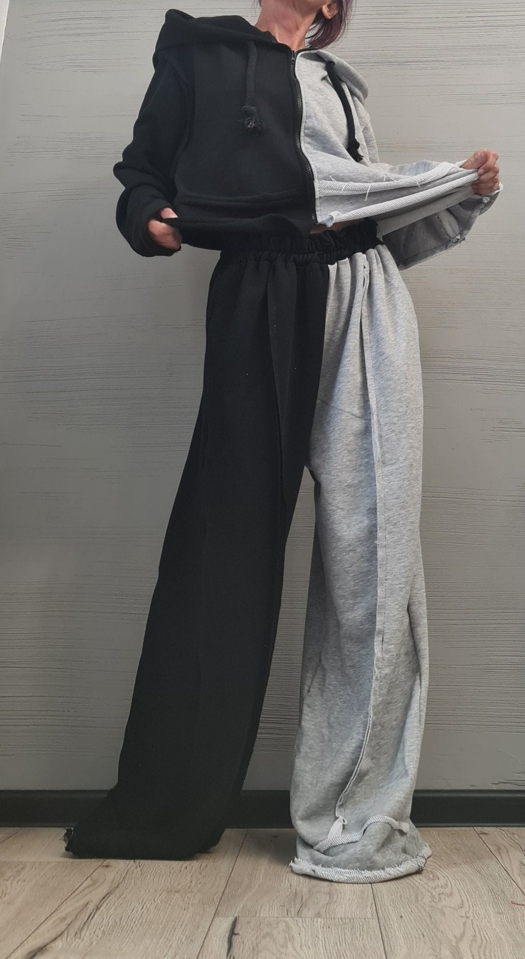 Two-Tone Cotton Women's Tracksuit Set, Loose Pants, Hooded Short Sweatshirt