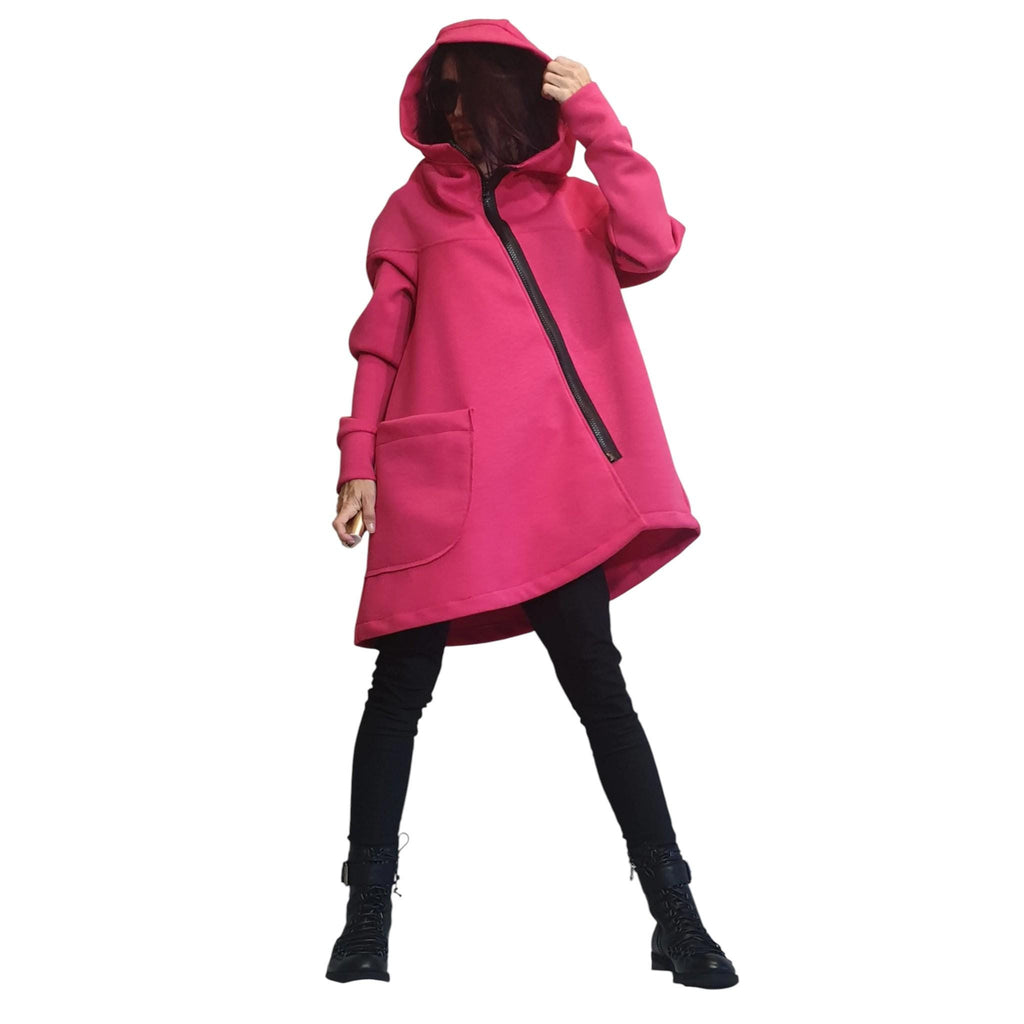 Hot Pink Asymmetric Cotton Hoodie, Diagonal Zip, Oversized Hood and Patch Pocket, Plus Size