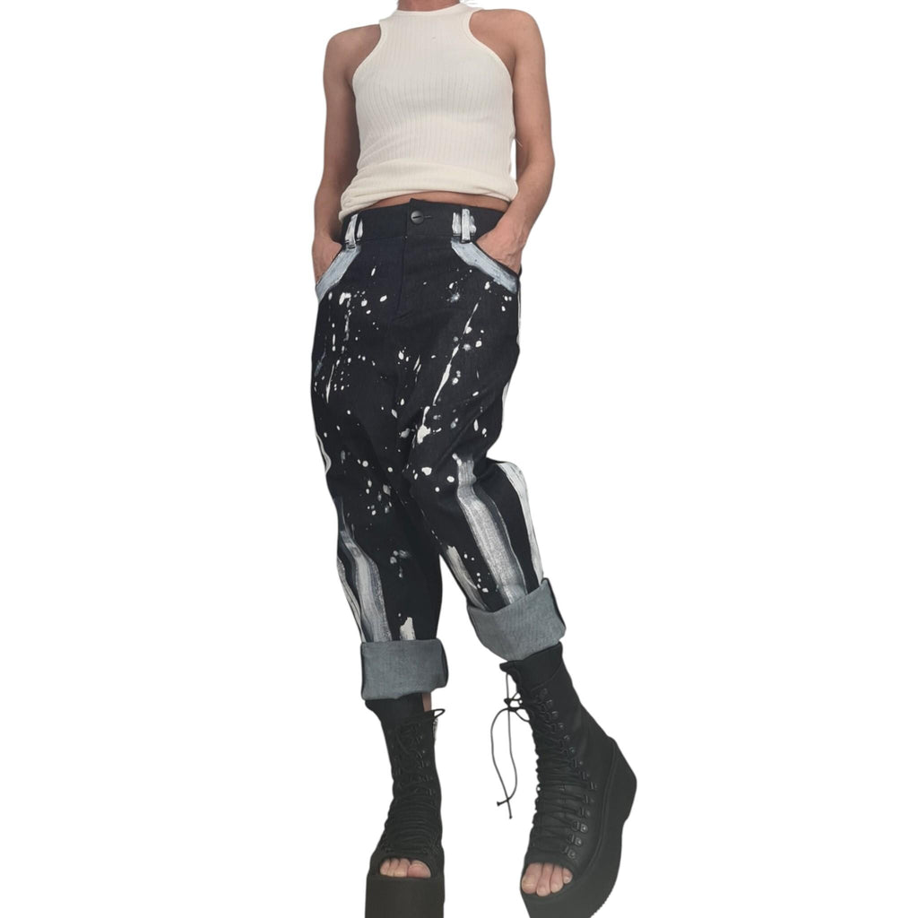 Painted Denim Harem Pants, Boho Baggy Unisex Jeans