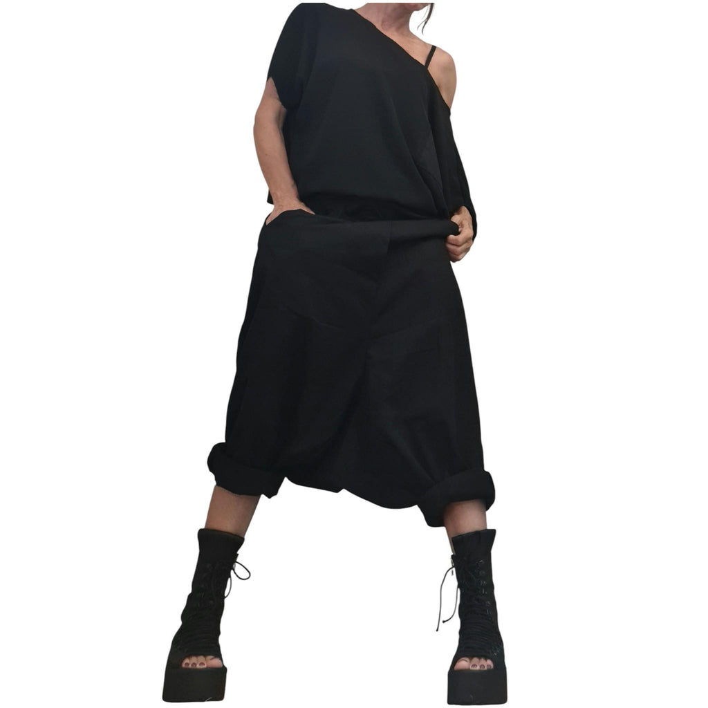 Black Gothic Jumpsuit – Oversized Harem Romper, Open Back