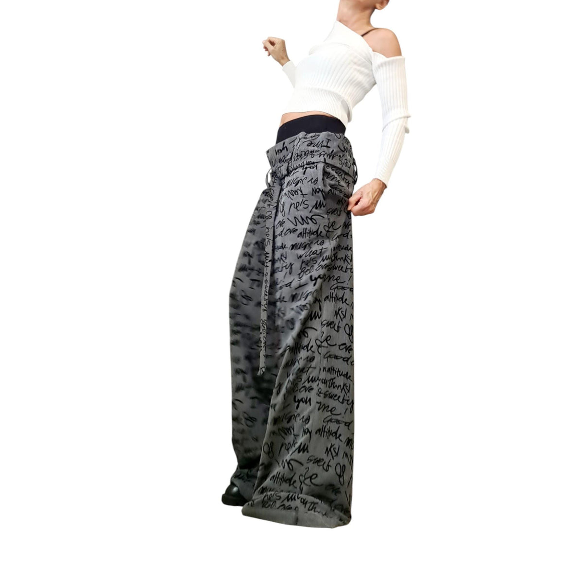 Double Waistband Graffiti Pants, Wide Leg, Drop Crotch Trousers