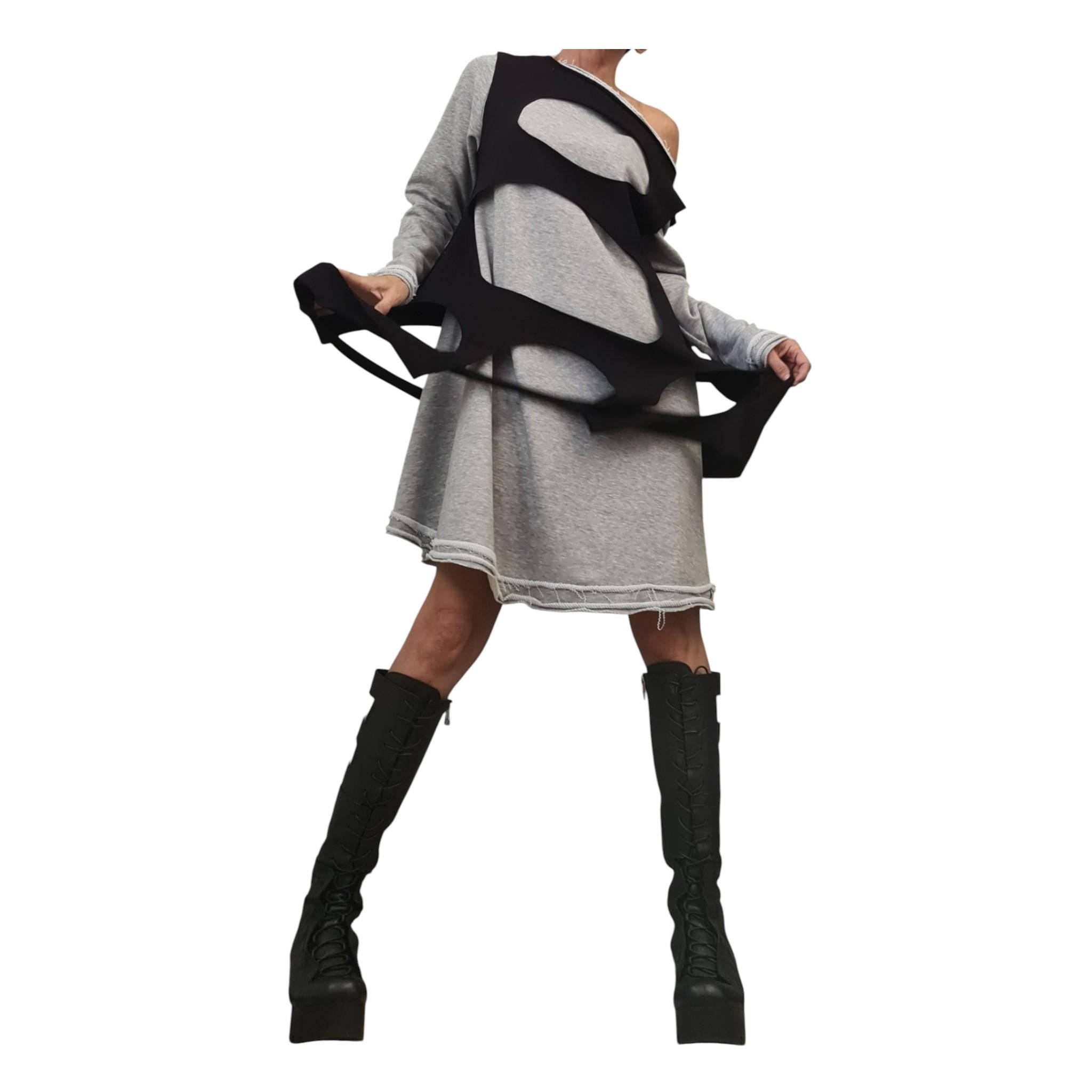 Two-Part Asymmetric Cotton Dress, Loose Fit, Long Sleeve, Extravagant Style