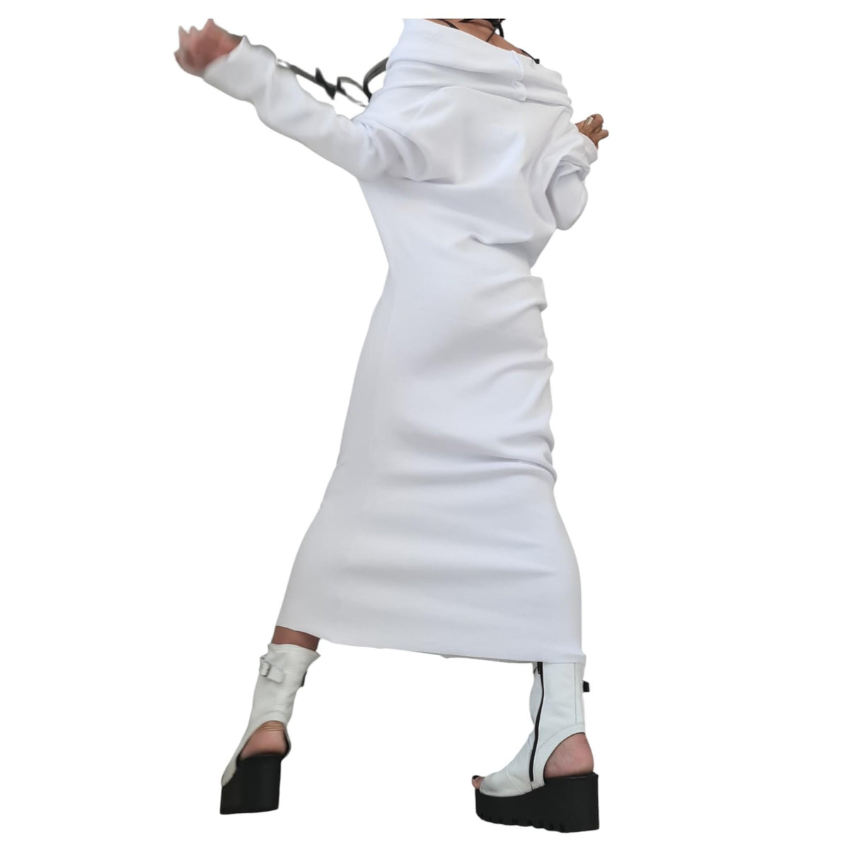 White Asymmetric Fit Cotton Dress, Plus Size Clothing,  Long Sleeve